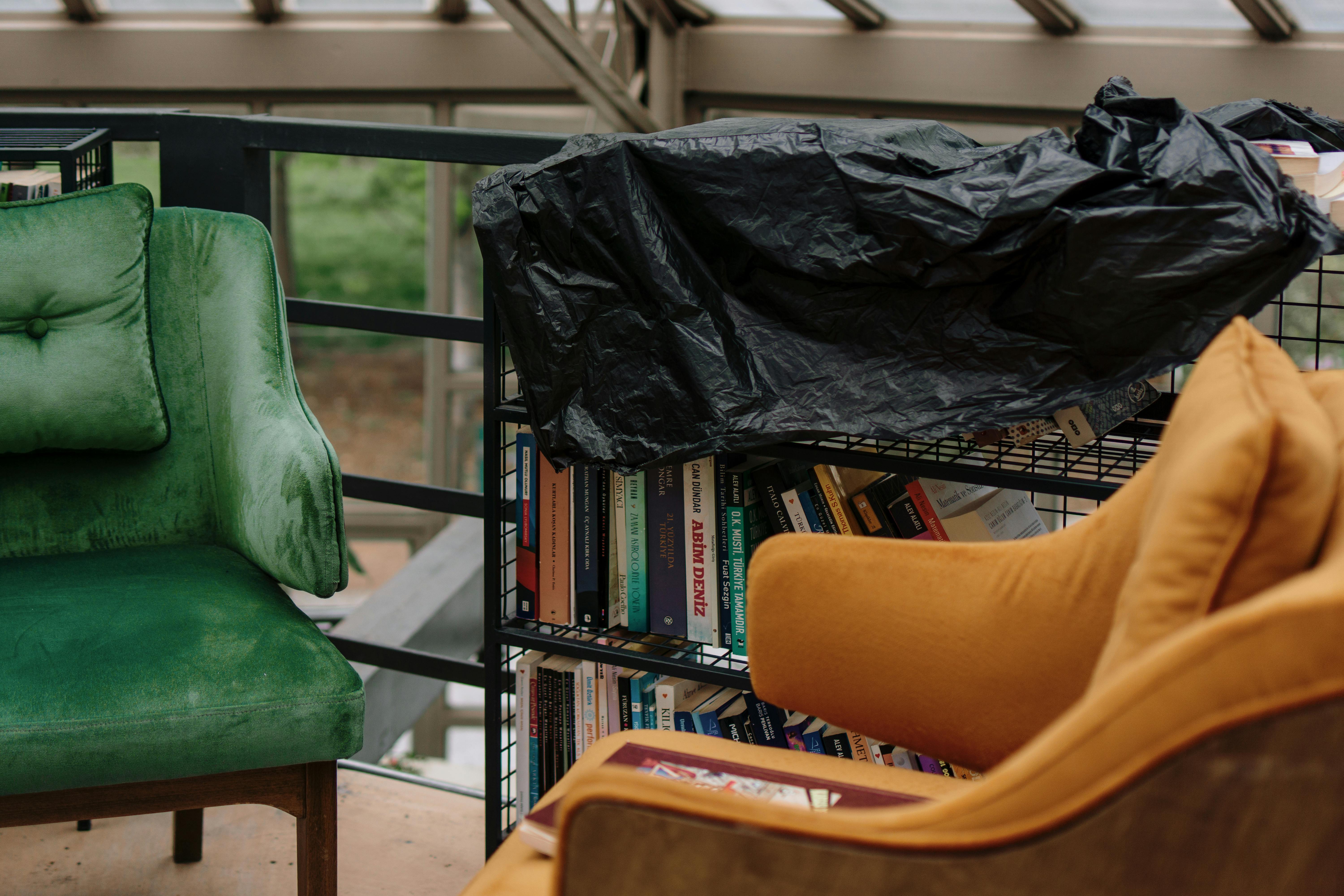 Gratuit O amenajare interioară confortabilă, cu scaune în verde și portocaliu vibrant, cărți și lumină naturală. Fotografie de stoc