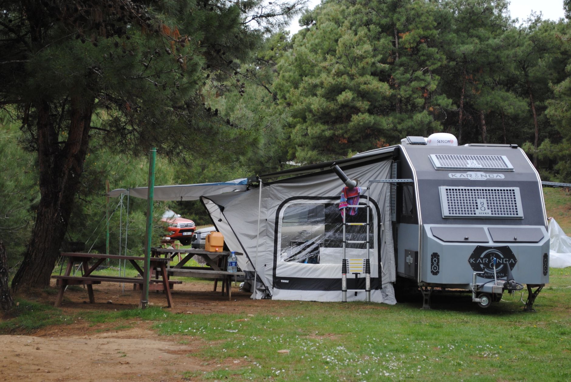 Cozy campsite with caravan in forest