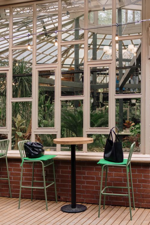 Free Cozy indoor cafe with a view of a lush greenhouse, featuring green chairs and a central table. Stock Photo