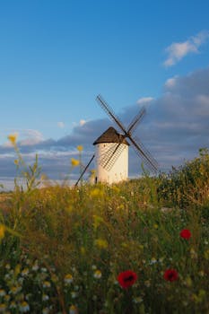 A picturesque white windmill stands amidst vibrant spring flowers under a clear blue sky.