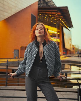 Portrait of a fashionable woman standing outdoors in an urban setting with modern architecture.