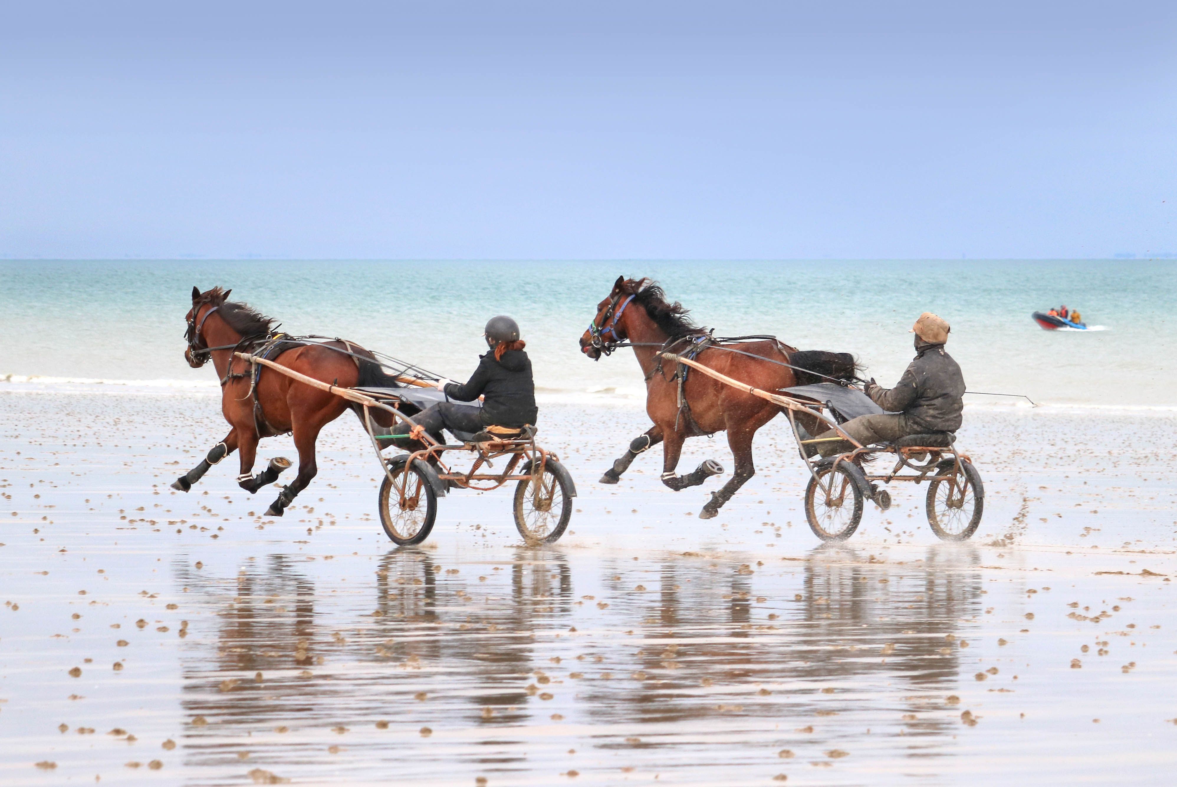 Two horse carriages racing on the wet sands of Jullouville beach, Normandie, France.