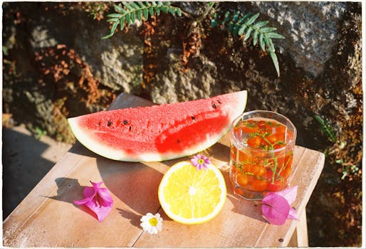 Colorful summer fruits with a refreshing drink on a wooden surface outdoors.