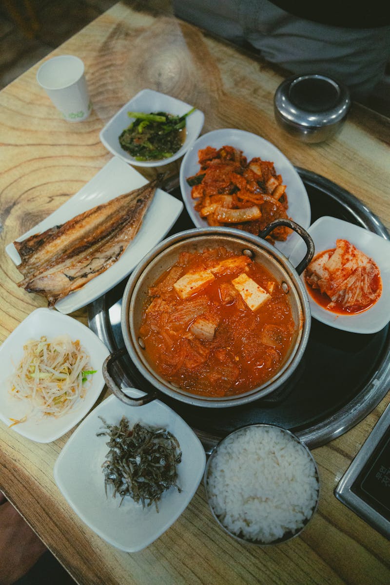 Traditional Korean meal with colorful banchan