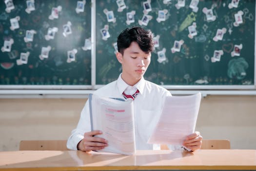 Teenage student reading documents in a classroom with a decorated chalkboard.