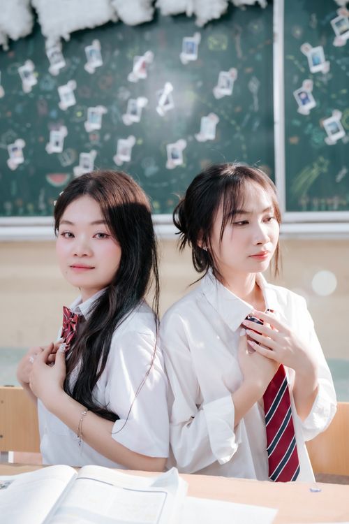 Free Two high school students in uniforms standing in a classroom with a chalkboard backdrop. Stock Photo