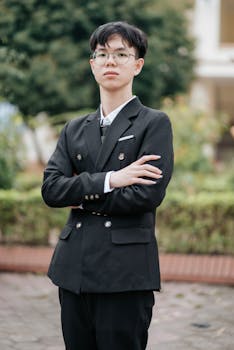 Stylish young man in a suit poses confidently in a garden setting, exuding elegance and poise.