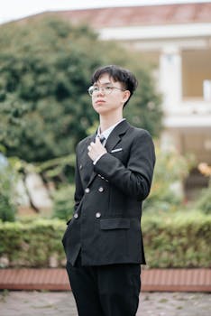 A young adult male in a formal suit poses confidently outdoors, surrounded by greenery.