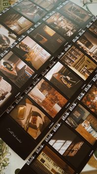 Aesthetic film contact sheet showcasing nostalgic vintage photos in a cozy setting.