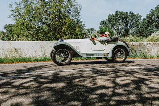 Two people enjoying a drive in a classic convertible on a tree-lined road.