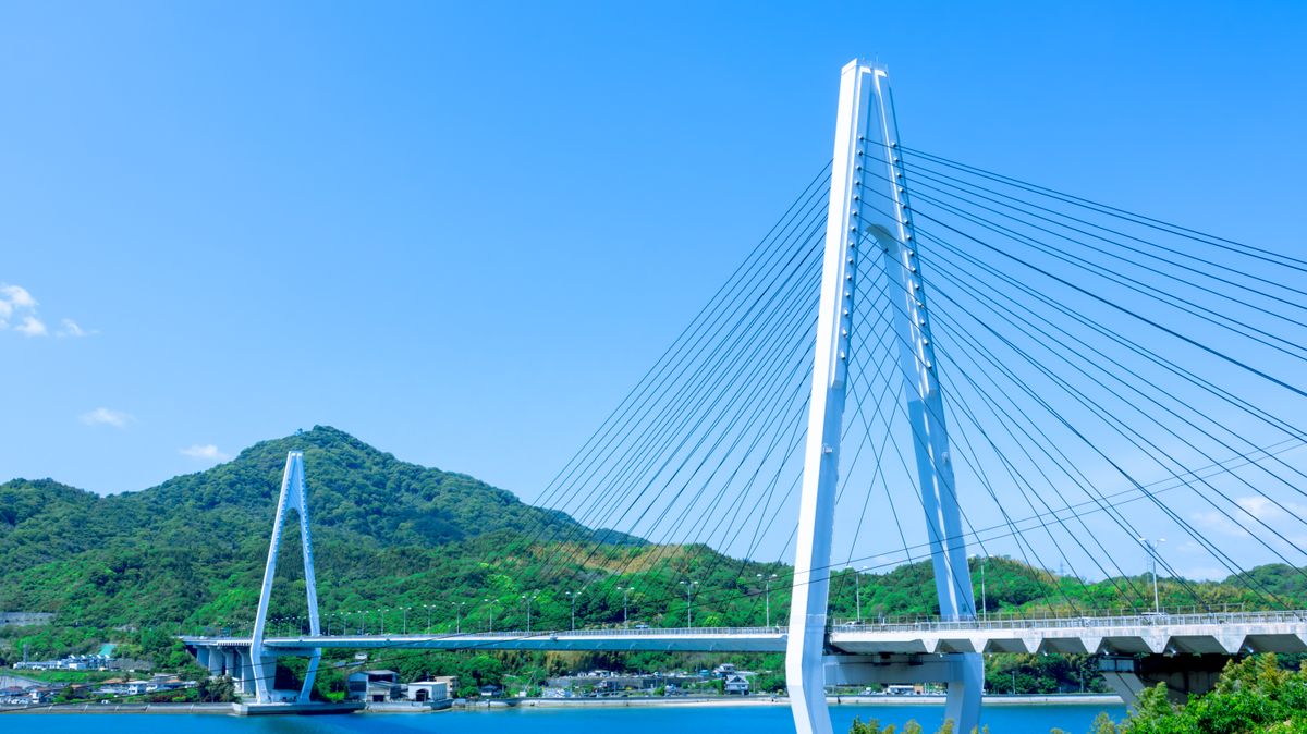 Calm Seto Inland Sea with islands and a bridge in the distance