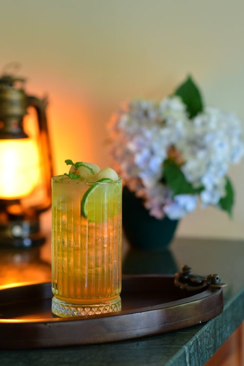 Free Elegant citrus cocktail garnished with lime and mint on a tray, warm background lighting. Stock Photo