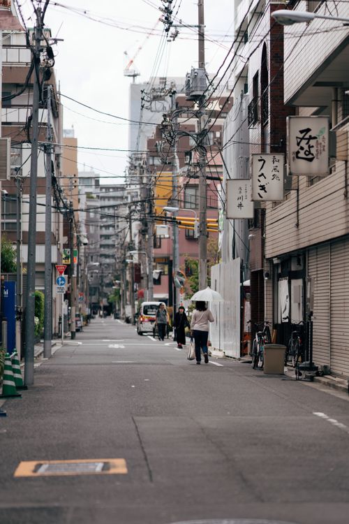 Free A serene street scene in Tokyo featuring pedestrians and traditional storefronts on a cloudy day. Stock Photo