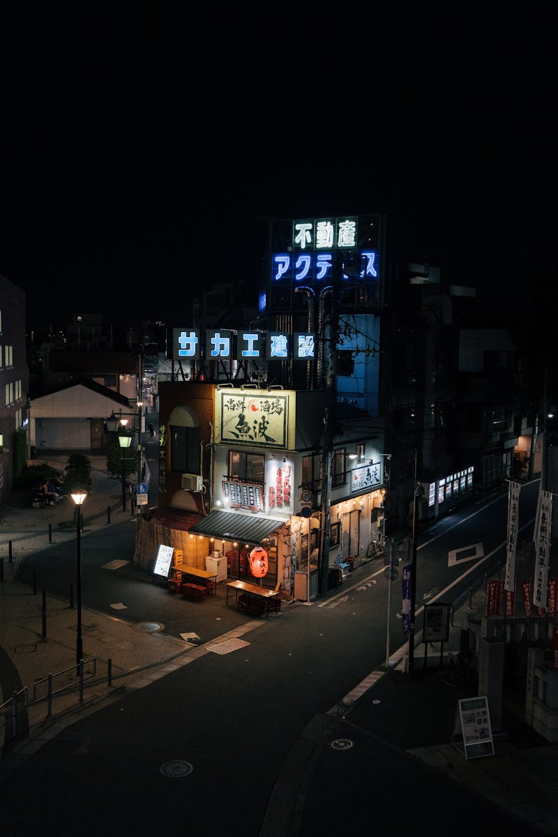Tokyo street at night with vibrant neon signs and traditional architecture