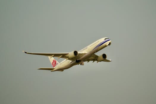 Elegant commercial airplane taking off against a clear sky, highlighting air travel.
