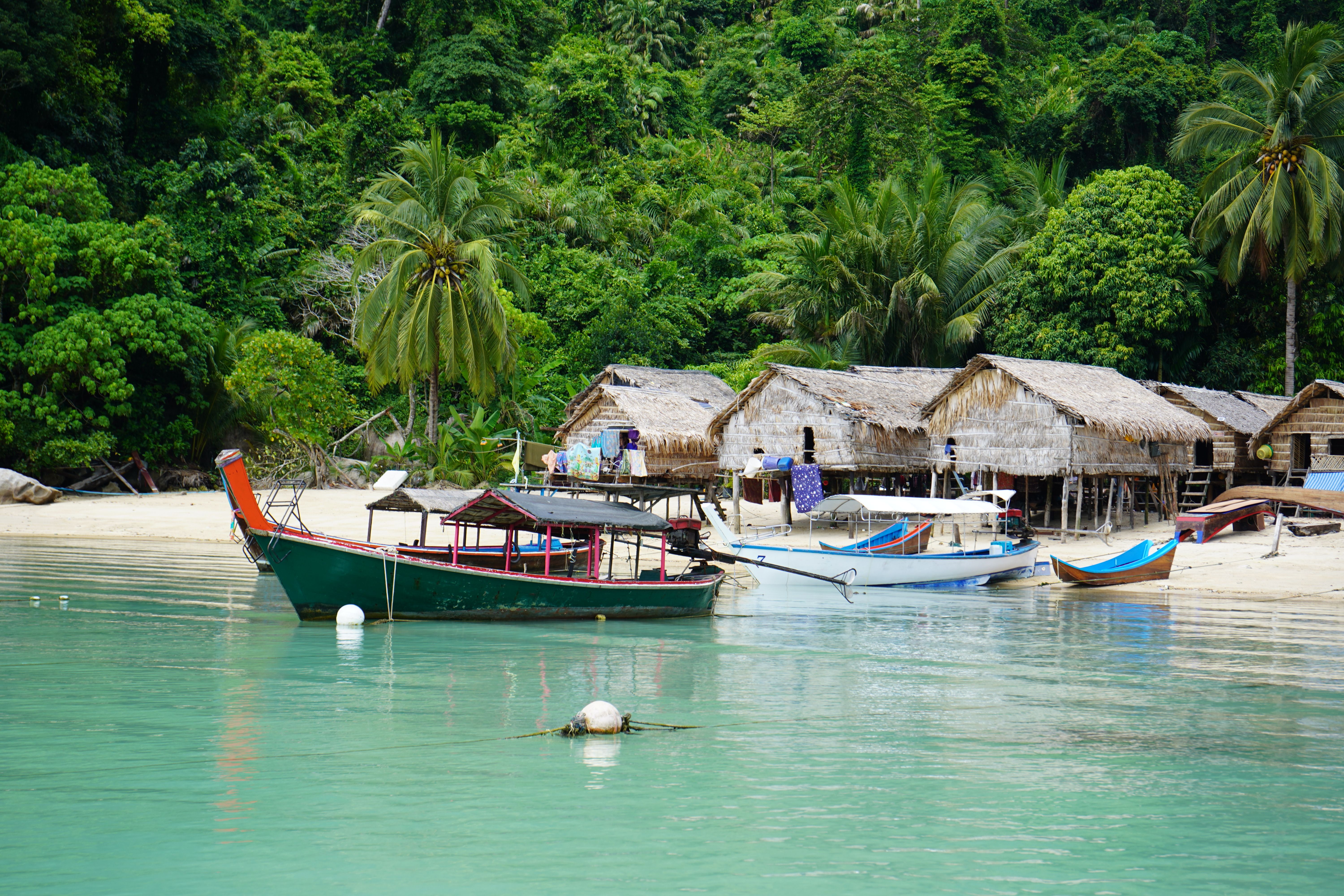 Green and blue boats anchored near traditional huts on a tropical beach with lush greenery.