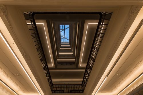 Free Captivating view from the bottom of a modern spiral staircase in Hamburg, showcasing elegant architectural design. Stock Photo