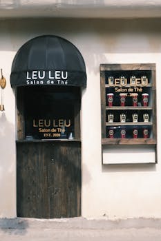 Front view of a tea salon with charming display and signage.