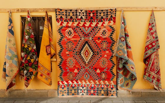 Colorful Turkish rugs hanging outdoors, showcasing traditional patterns and rich cultural heritage in Antalya, Türkiye.