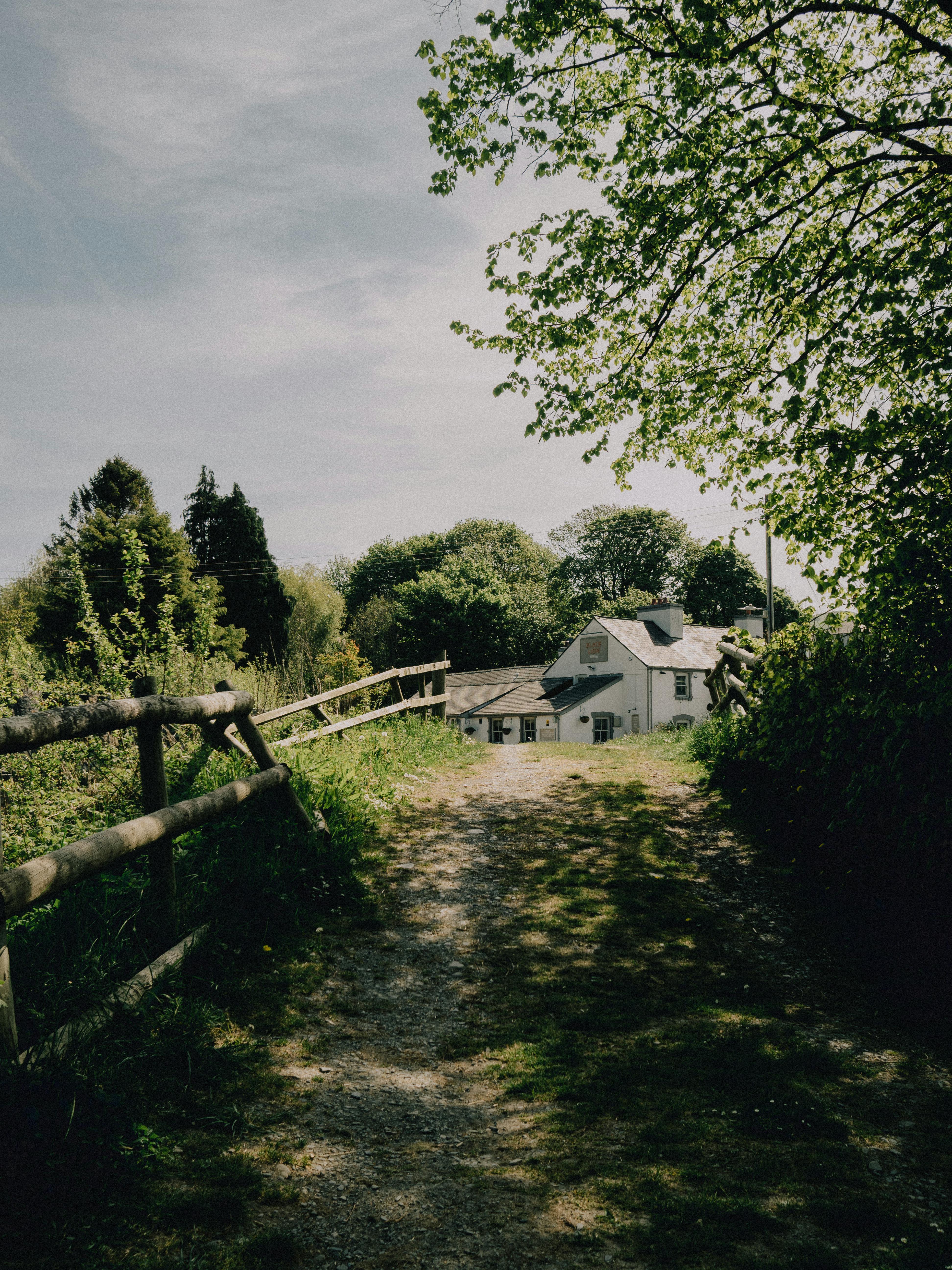 A picturesque rural house surrounded by lush greenery along a serene path in Llanfair Talhaiarn, Wales.