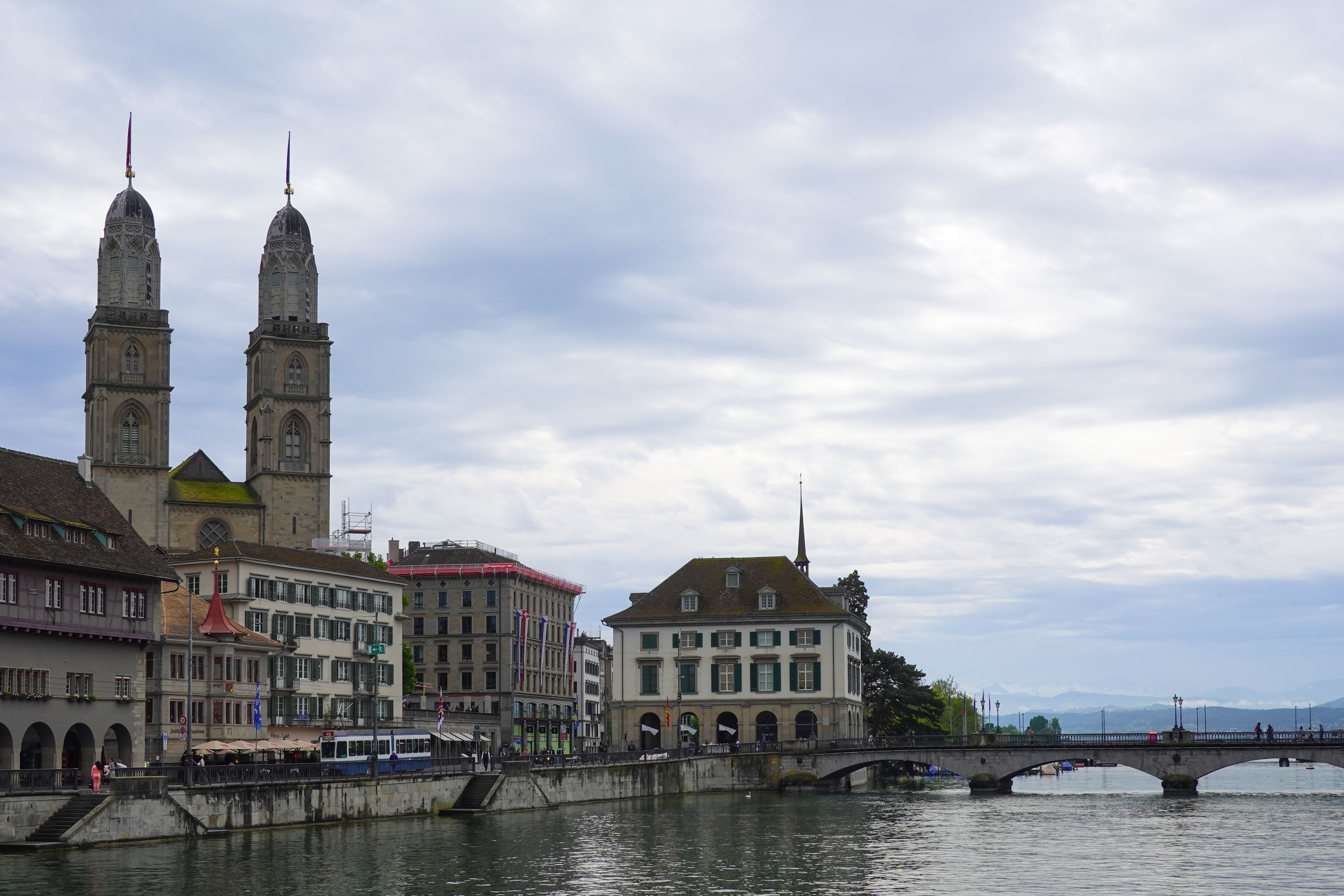 zurich switzerland grossmunster church twin romanesque gothic towers old town limmat river