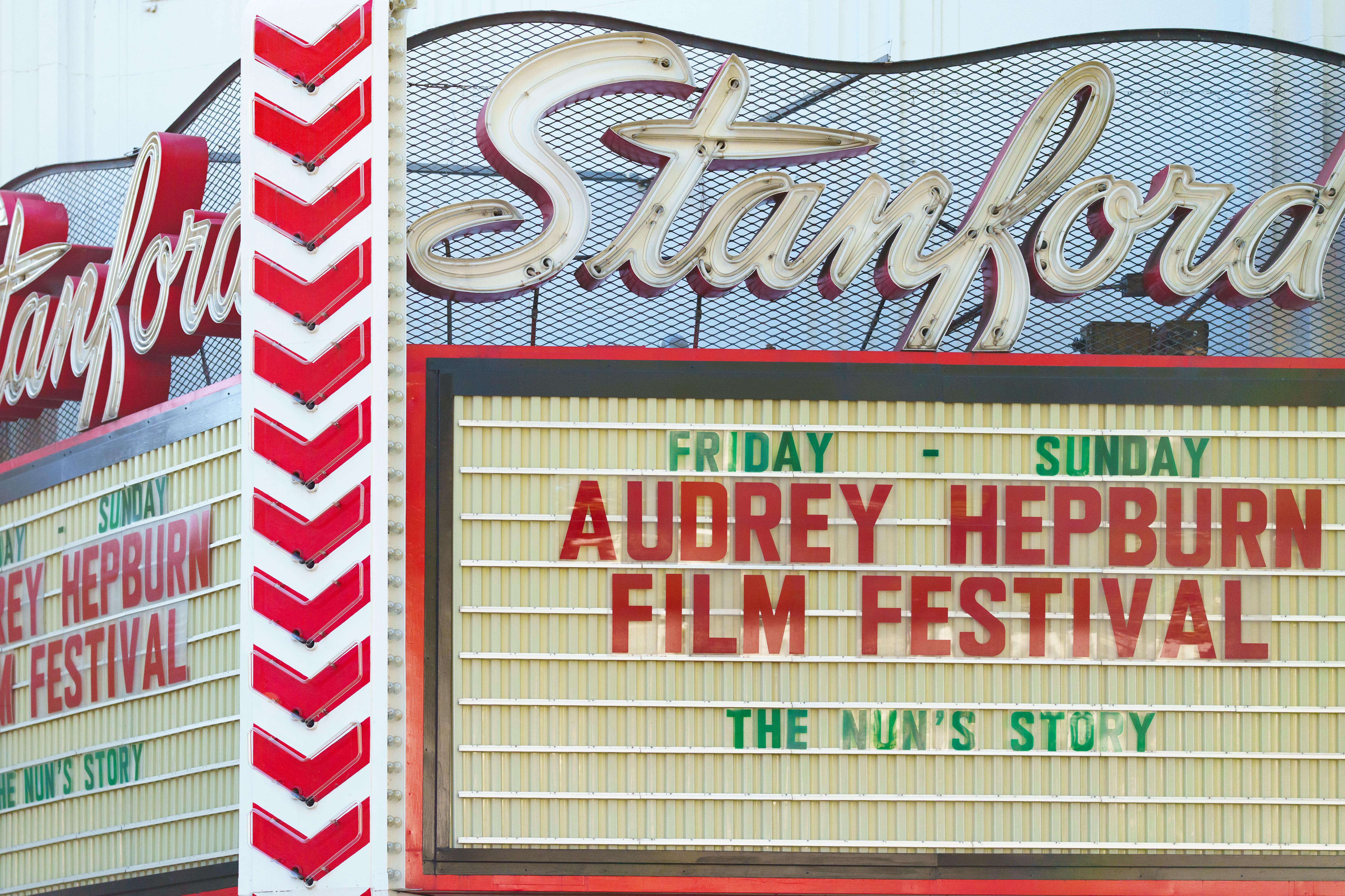 Free Stanford Theatre sign promoting Audrey Hepburn Film Festival in Palo Alto, California. Stock Photo