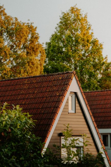 Triangular roof house surrounded by vibrant autumn trees in a serene neighborhood setting.