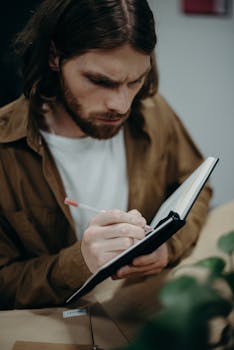 一位表情严肃的成年男子正专注地在室内的笔记本上写字