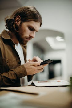 一个专注的人坐在办公桌前，在办公室环境中激烈地使用他的智能手机