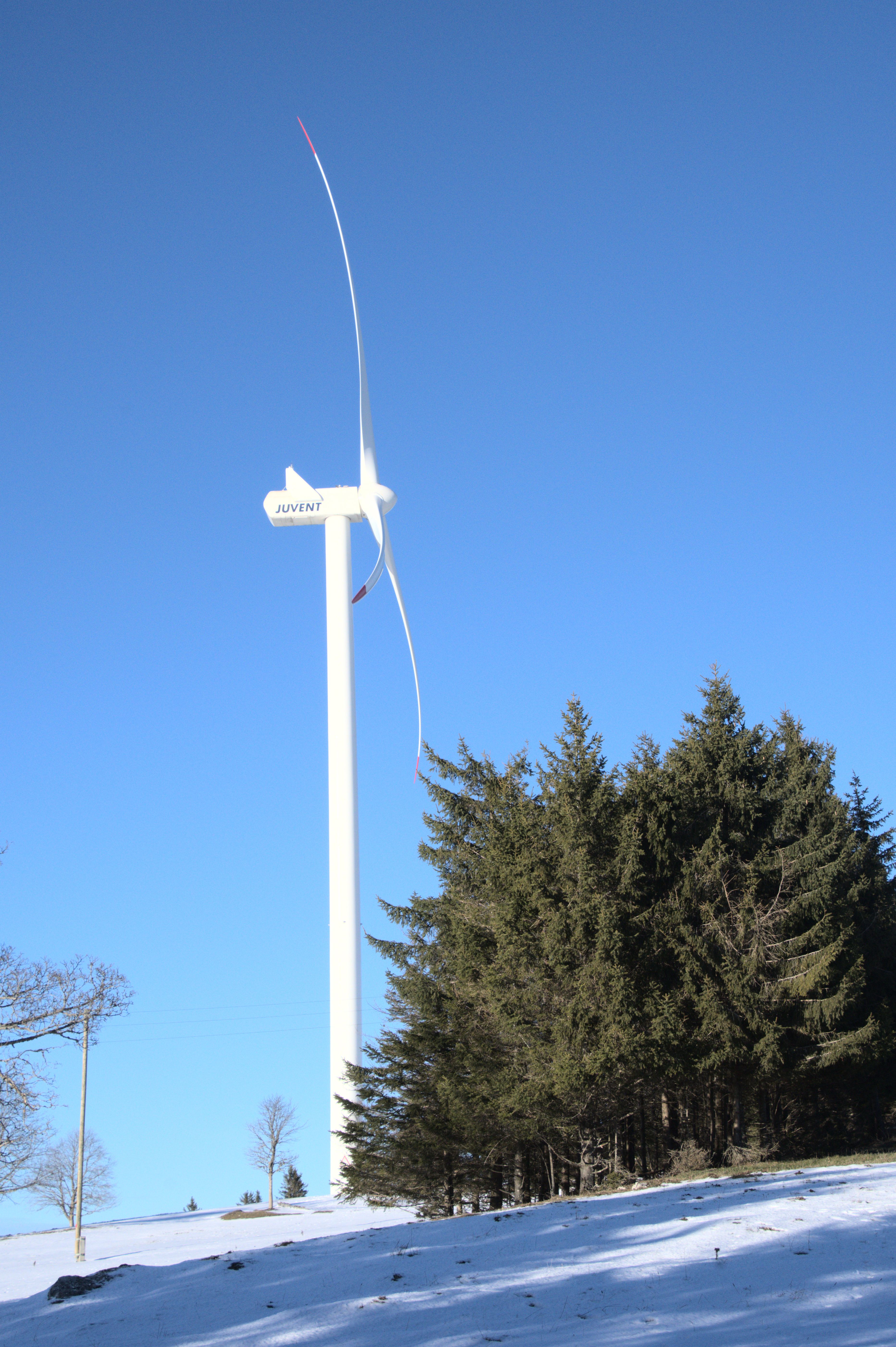 A wind turbine stands tall on a snowy hillside, surrounded by trees under a clear blue sky.
