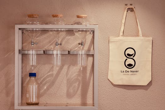 Stylish indoor coffee brewing setup with branded La De Never tote bag.