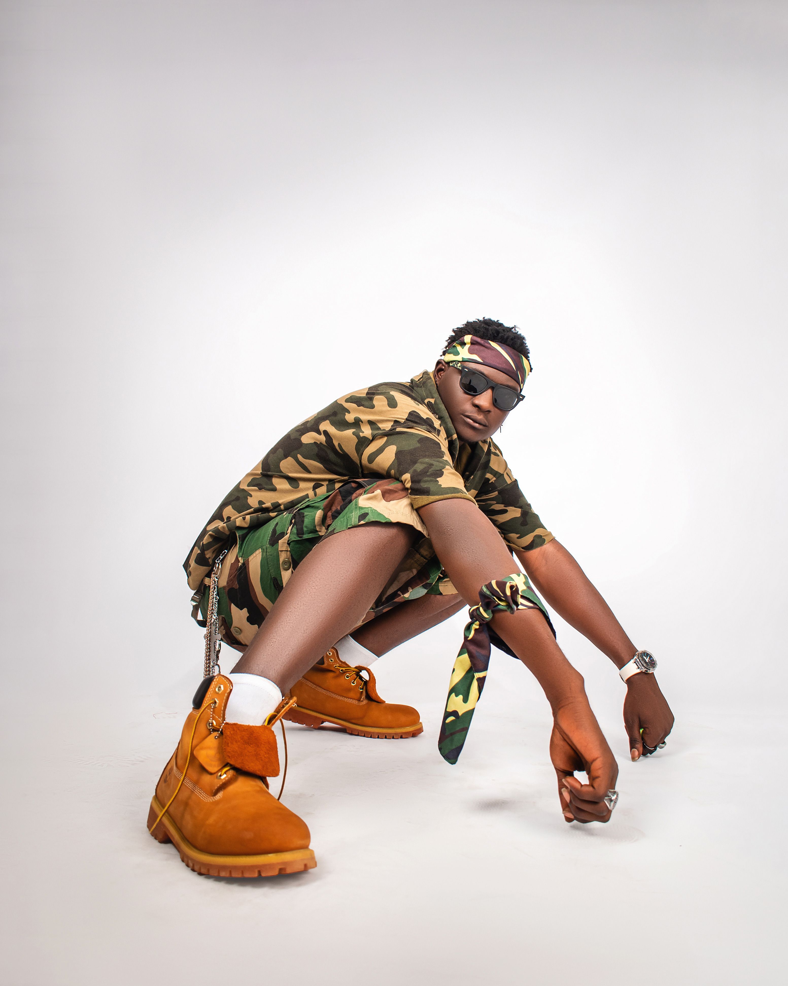 Fashion-forward individual in camouflage and boots showing urban style.