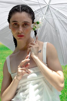 Portrait of a woman in a white dress holding a parasol in a green field, exuding elegance.