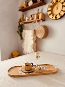 A warm and inviting coffee scene on a wooden tray in a stylish Ankara home.