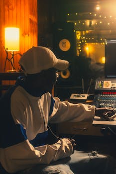 Music producer wearing a cap in a warm-lit recording studio, focused on the soundboard.