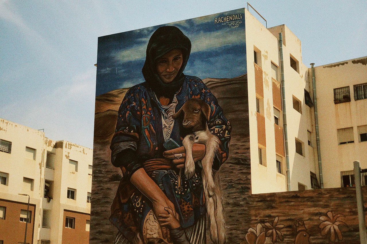 a stunning mural on a building wall featuring a woman holding a goat s