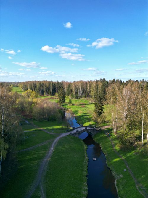 Free Idyllic aerial scene of a lush forest with a tranquil river and walking trails. Stock Photo