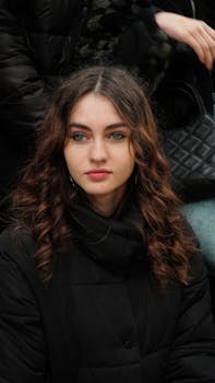 Close-up portrait of a young woman with curly hair wearing a black coat, looking thoughtful.