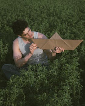 Young man in a field, holding a paper boat, symbolizing dreams and imagination at sunset.