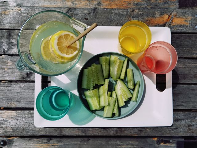 Top view of summer drinks and cucumber slices on a tray outdoors on a wooden table.