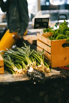 Bunches of fresh green garlic displayed at a local farmer's market with wooden crates.. pexels, bunches, fresh