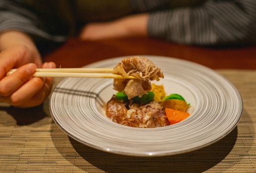 Enjoy a gourmet meal featuring tender meat and vibrant vegetables in Kamogawa, Japan.