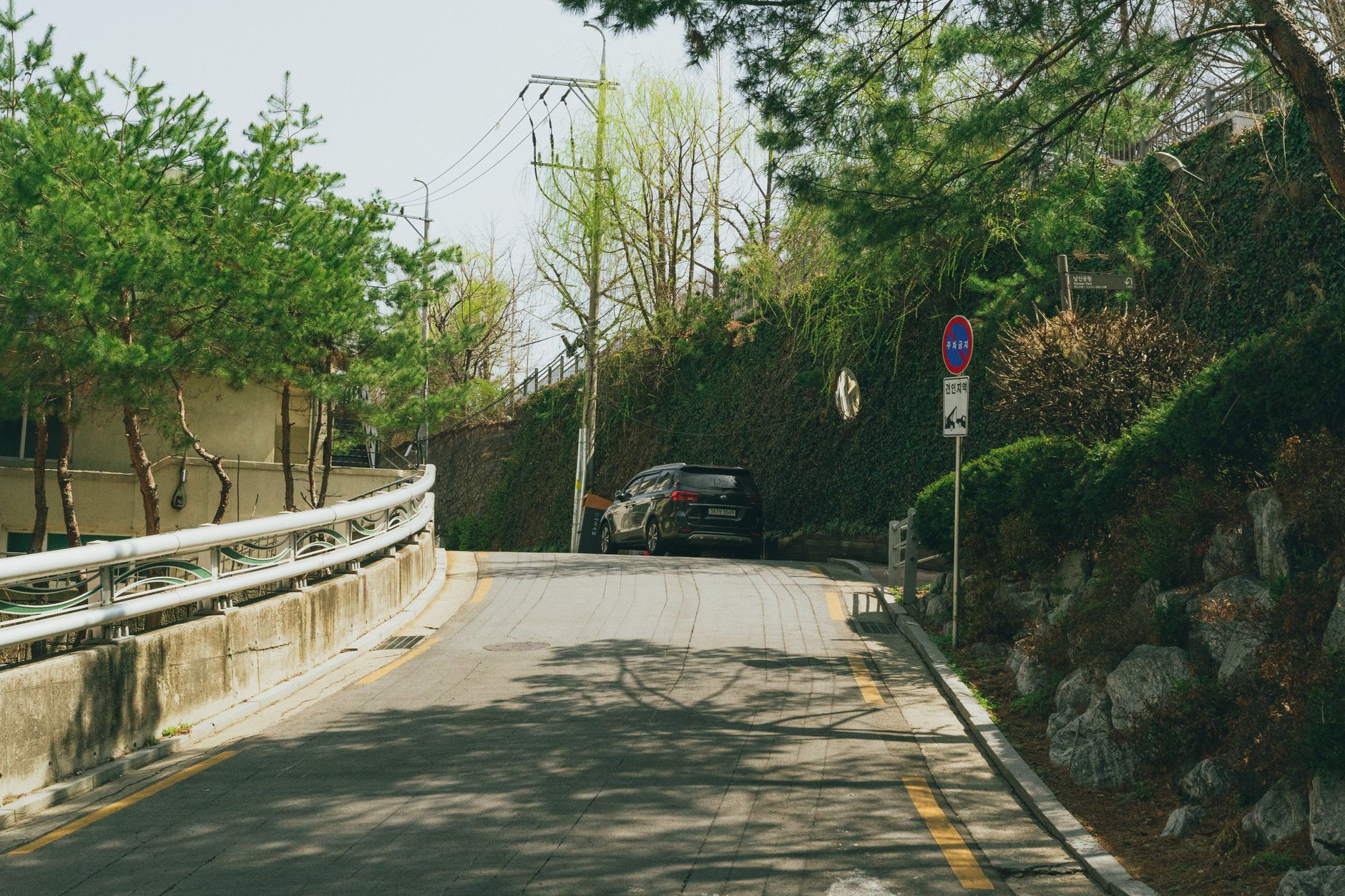 A serene street in Seoul, South Korea, with lush greenery and a parked car. Perfect for urban exploration themes.