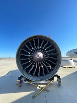 Detailed view of a jet engine turbine against a clear blue sky on an airport runway.