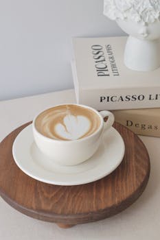 A cup of espresso with latte art on a wooden tray beside art books in a cozy setting.