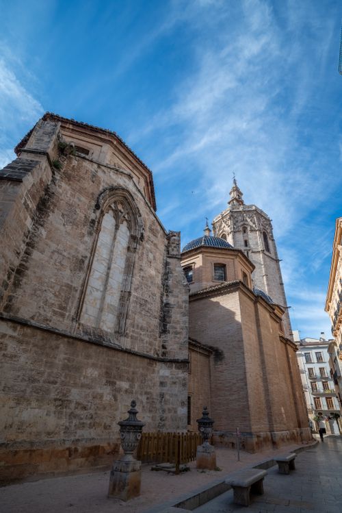 Free Valencia Cathedral's majestic gothic facade under a clear blue sky. Stock Photo