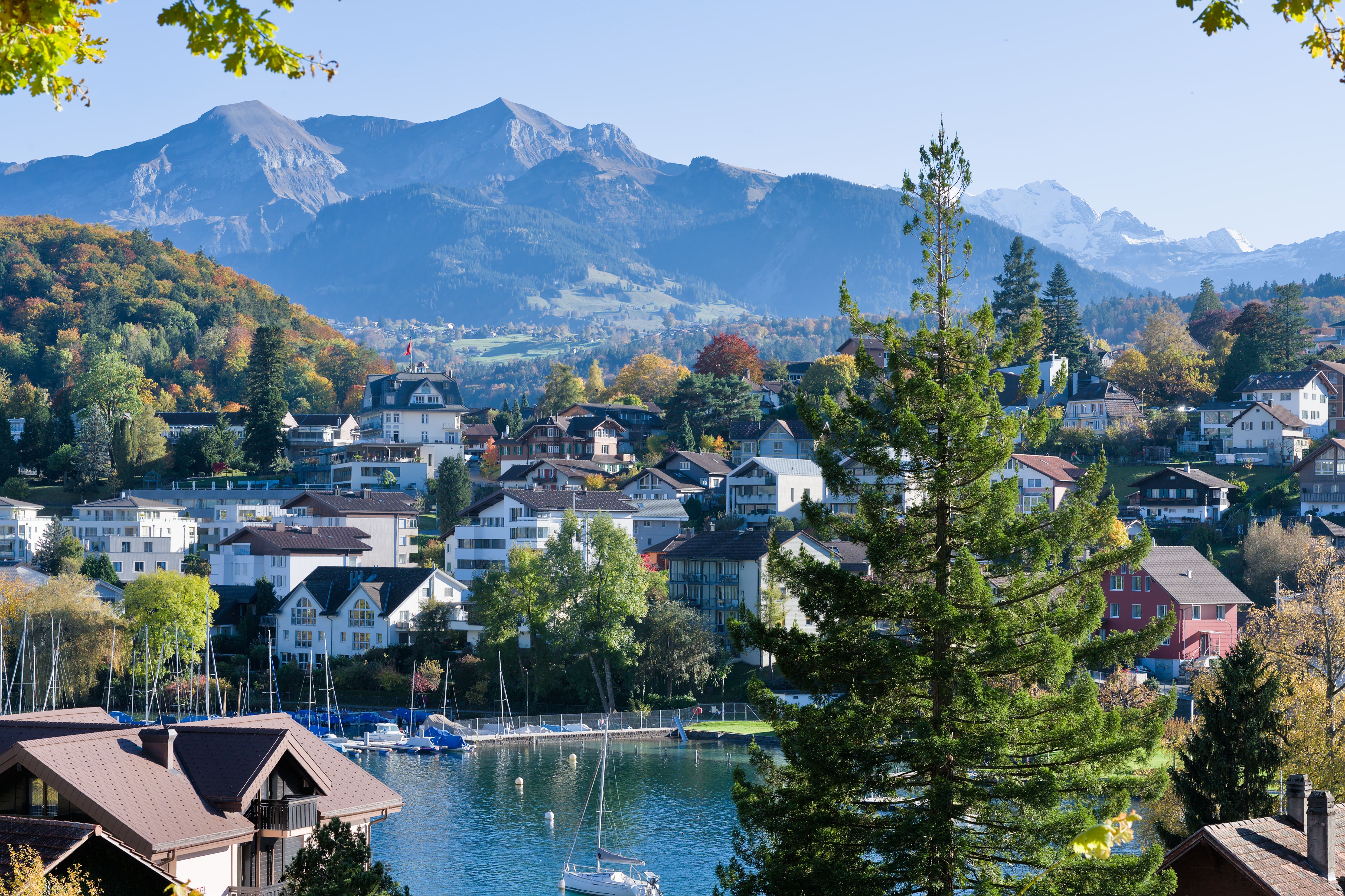 Picturesque view of a Swiss town by the lake with fall foliage and mountains.