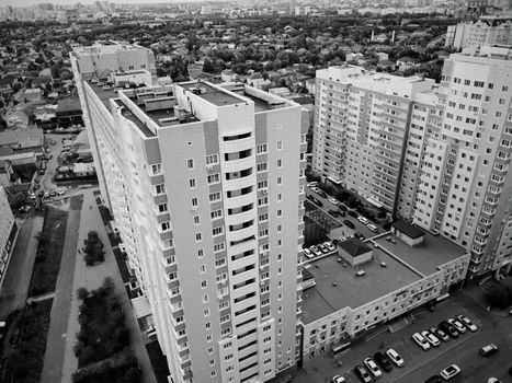Black and white aerial view of modern high-rise buildings in Astana, Kazakhstan.
