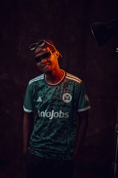 Cool young man wearing sunglasses and a green soccer jersey posing indoors.