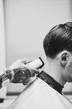 Black and white image of a barber with tattoos using a clipper on a client's hair.